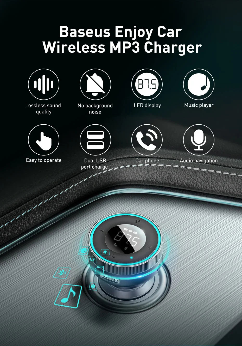 Baseus Bluetooth 5.0 FM Transmitter – Wireless Car Kit with USB Fast Charger, AUX, MP3 Player & Hands-Free Calling