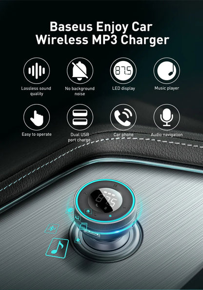 Baseus Bluetooth 5.0 FM Transmitter – Wireless Car Kit with USB Fast Charger, AUX, MP3 Player & Hands-Free Calling