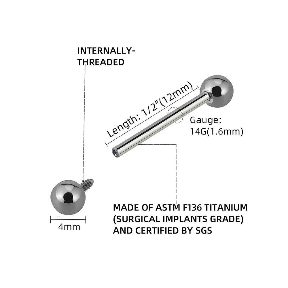 5Pcs Right Grand ASTM F136 Implant Grade Titanium Straight Barbell Tongue Ring – Internal Thread Body Piercing Jewelry (12–25mm)