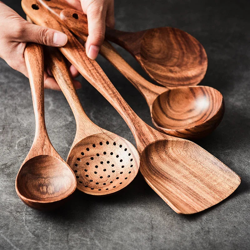 1-9pcs Teak Wood Tableware Set – Natural Wooden Cooking Spoons, Colander Spoon & Soup Skimmer Kitchen Tool Kit