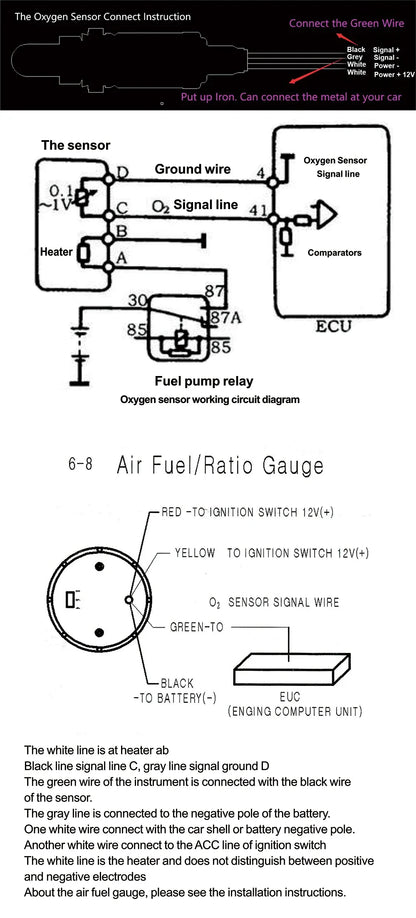 52mm Digital Air Fuel Ratio Gauge — AFR Display with Narrowband O2 Oxygen Sensor 0258006028, Smoked Car Gauge for Gasoline Engines, 12V