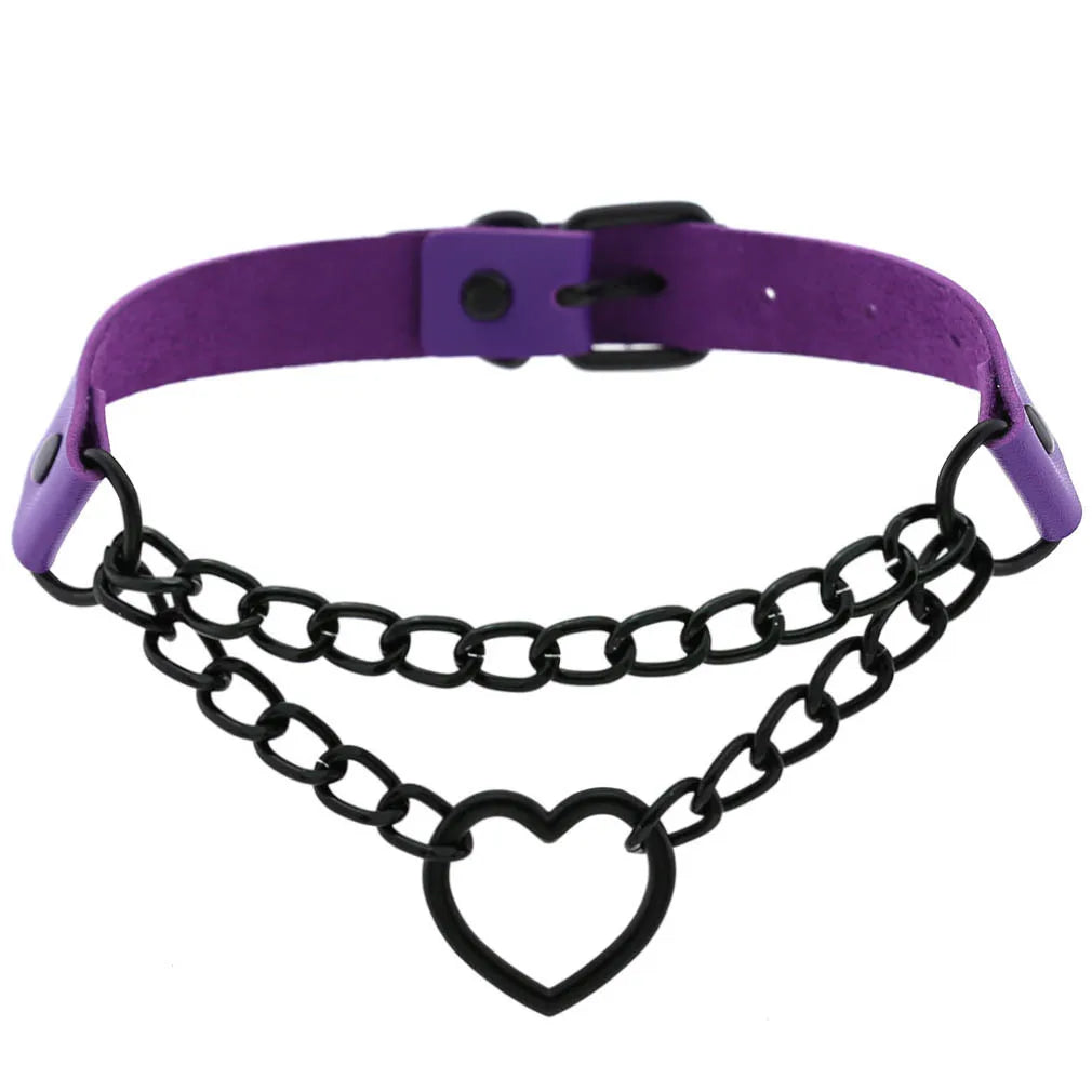 Vintage Heart Necklace Choker – Goth Collar with Chain, Grunge Punk, Cute Kawaii Egirl Harajuku Accessories for Girls