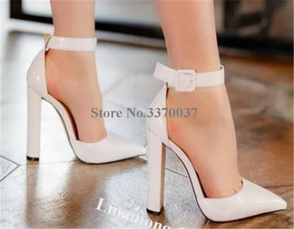 Linamong Women’s Pointed Toe Patent Leather Pumps – Elegant Chunky Heel Ankle Strap High Heels in White & Black, Club Shoes