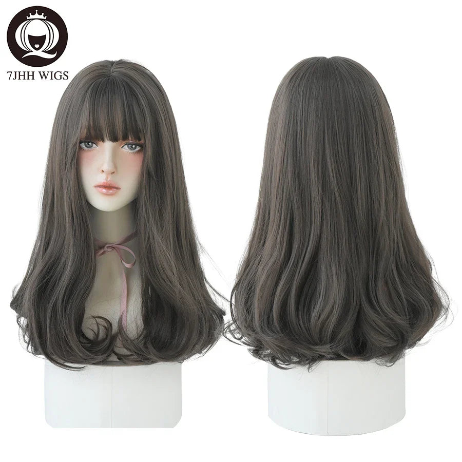 7JHHWIGS Long Straight Light Brown Synthetic Wig with Bangs – Heat-Resistant Daily Wear Wig for Women