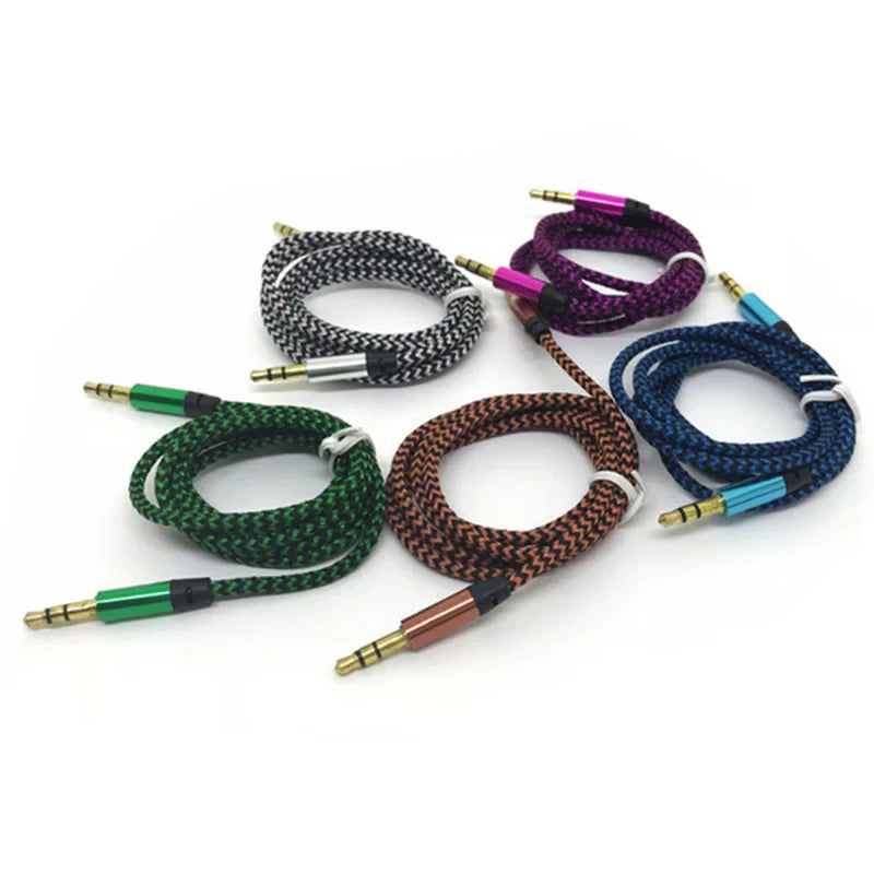 1m Nylon 3.5mm Male-to-Male Aux Cable — Gold Plug Audio Cord for iPhone, Samsung, Xiaomi Car Aux