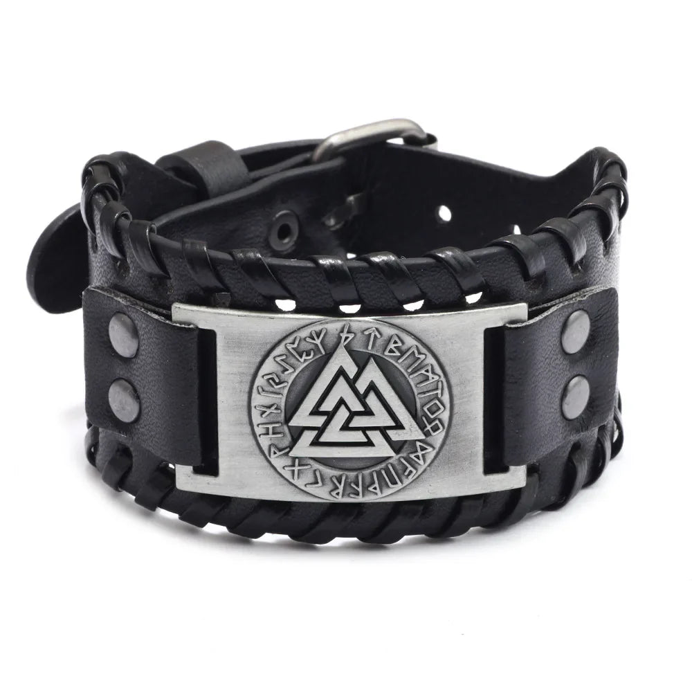 Totem Design Wide Leather Pirate Compass Bracelet - Men's Celtic Viking Jewelry, Party Gift Accessories