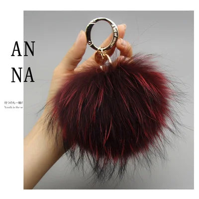 Luxury 15cm Fluffy Real Raccoon Fur Pom Pom Keychain – High-Quality Metal Ring Pendant for Women