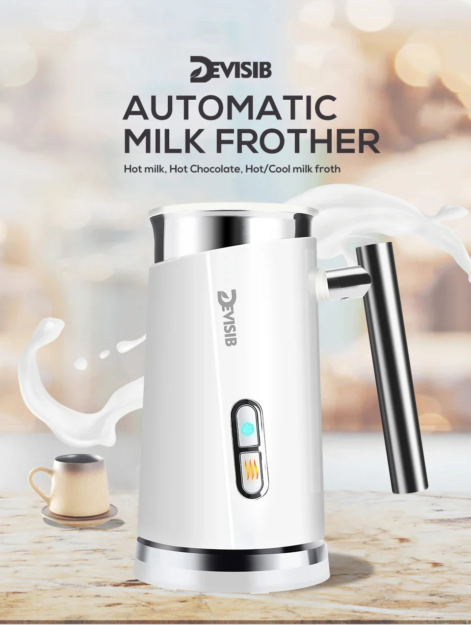 DEVISIB 3-in-1 Electric Milk Frother — 300ml Automatic Hot & Cold Foam Maker for Coffee, Latte, Cappuccino, Macchiato & Hot Chocolate