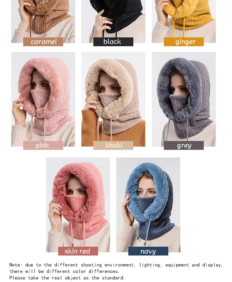 Winter Fur Cap Mask Set – Hooded Knitted Cashmere Neck Warmer, Plush Windproof Balaclava Ski Beanie for Women