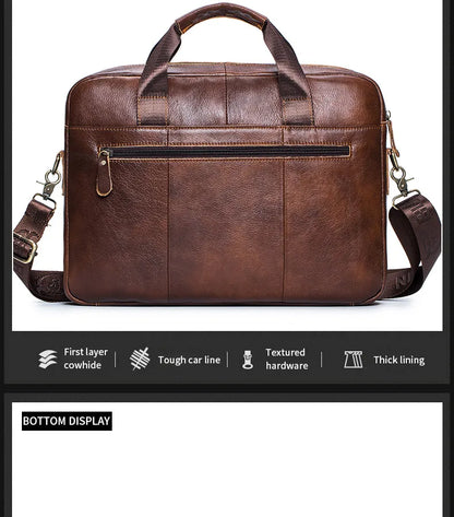 BULLCAPTAIN Men's Genuine Leather Briefcase – 14-Inch Laptop Shoulder Messenger Bag for Business & Office