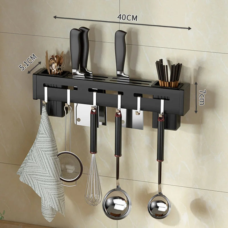 Organize Your Kitchen: Stainless Steel Wall Mounted Knife Holder Shelf - Nail-Free Storage Rack with Hooks for Cutlery - Cabinet Organizer for a Clutter-Free Kitchen