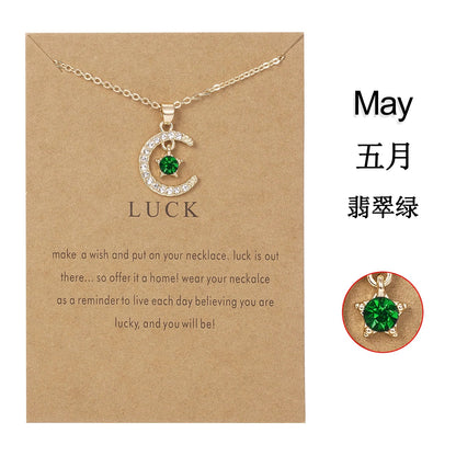 Fashion Birthstone Moon & Star Crystal Pendant Necklace – Women’s Clavicle Chain Choker Jewelry Gift for Parties & Birthdays