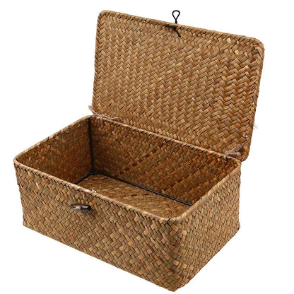 Rectangular Hand-Woven Rattan Wicker Storage Basket - Desktop Organizer for Sundries and Clothes Container