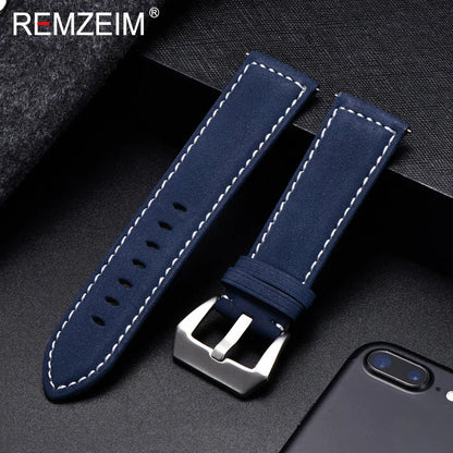 Genuine Leather Watch Band – Vintage Matte Black, Blue & Brown Strap for Men & Women, 18mm-24mm Wrist Bracelet