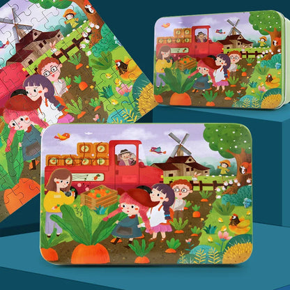 100PCS Kids Wooden Puzzle Set – Cartoon Animal & Vehicle Jigsaw Toys for Early Learning & Parent-Child Play