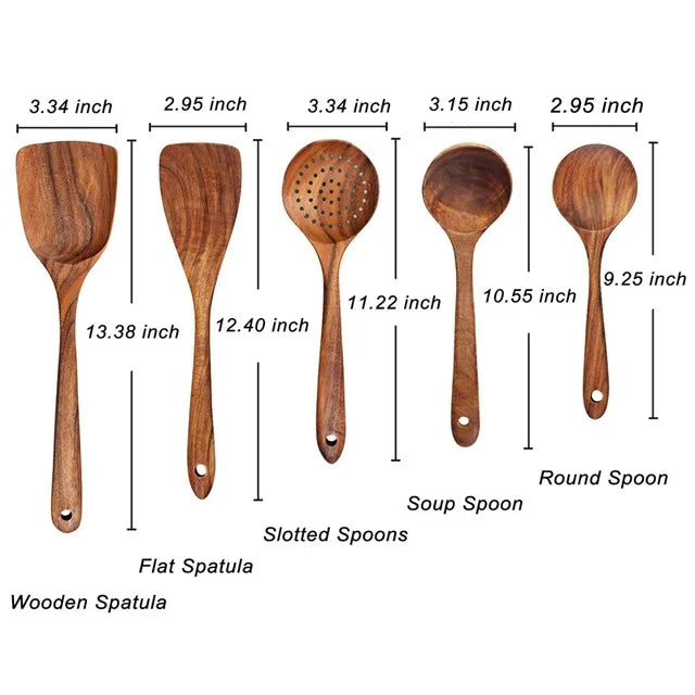 1-7pcs Teak Wood Tableware Set – Natural Wooden Spoons, Colander Spoon & Soup Skimmer Cooking Tool Kit