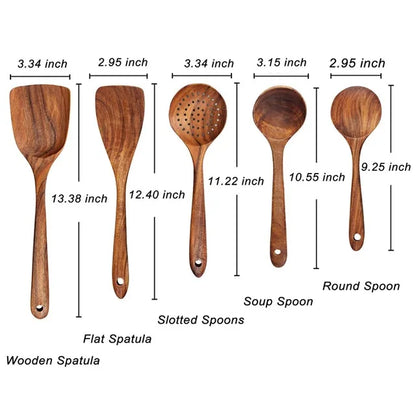 1-7pcs Teak Wood Tableware Set – Natural Wooden Spoons, Colander Spoon & Soup Skimmer Cooking Tool Kit