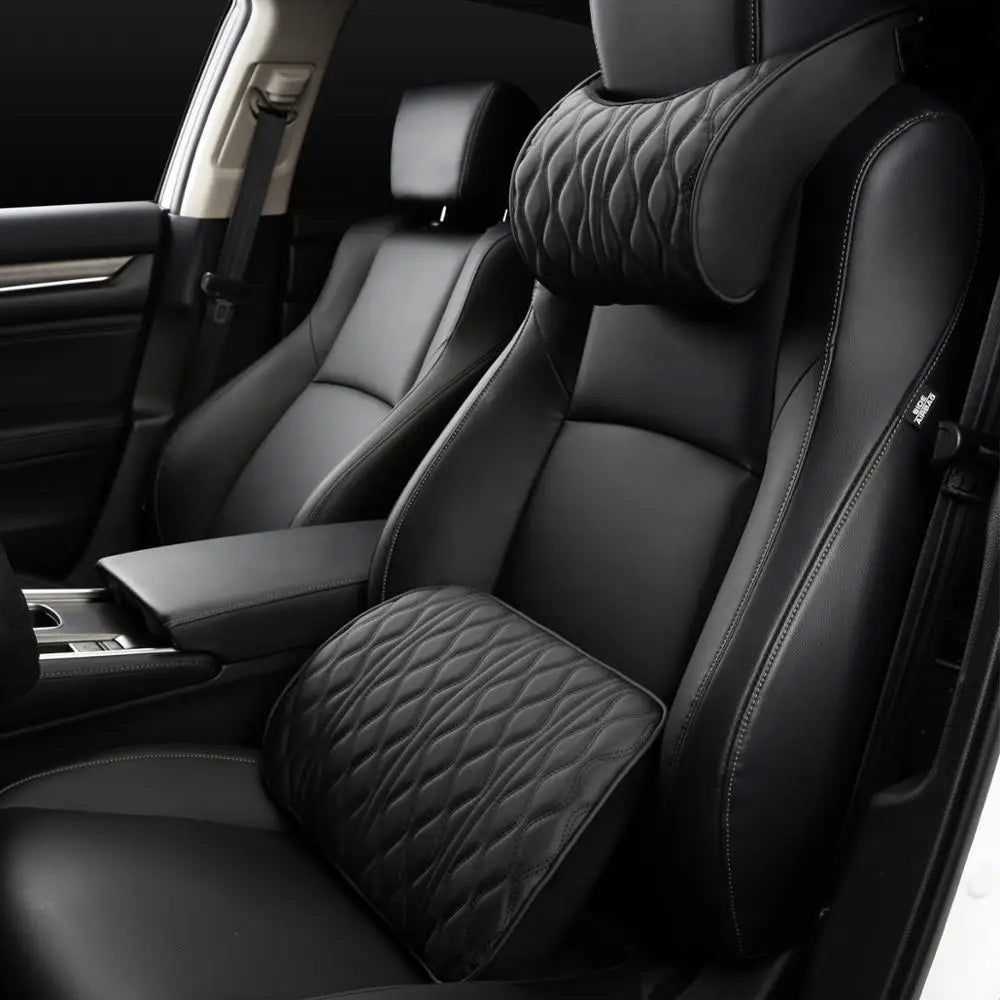 Car Neck & Lumbar Pillow – PU Leather Memory Foam Seat Headrest & Backrest Cushion