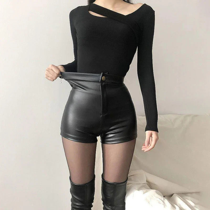 Sexy Black PU High-Waisted Shorts – Faux Leather Y2K Summer Shorts for Women