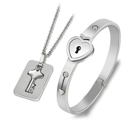 Couple Jewelry Set – Stainless Steel Love Heart Lock Bracelets & Key Pendant Necklace for Men & Women Gift