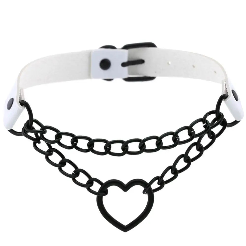 Vintage Heart Necklace Choker – Goth Collar with Chain, Grunge Punk, Cute Kawaii Egirl Harajuku Accessories for Girls