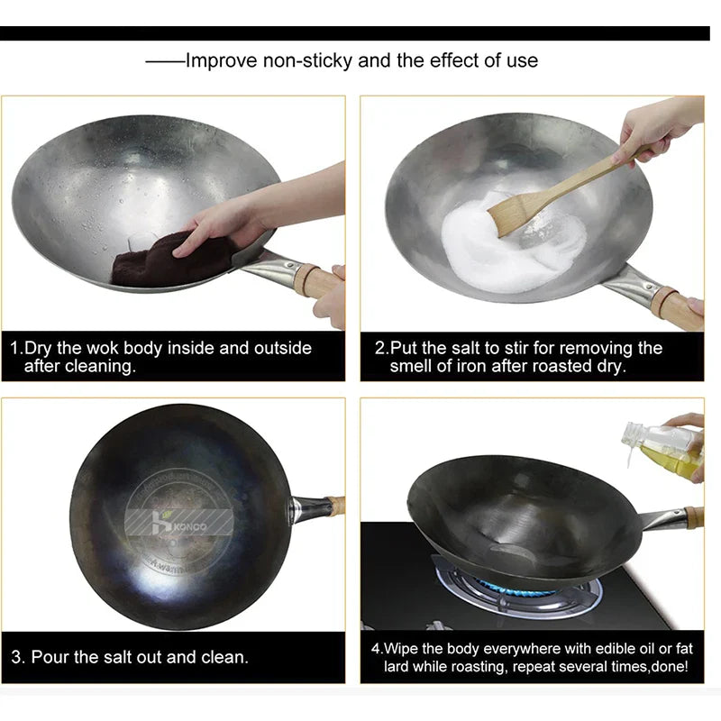 Hand Forged Household Iron Wok, Pure Iron Pan with Wooden Handle, Non-Coating, Non-Stick, for Gas Cooker