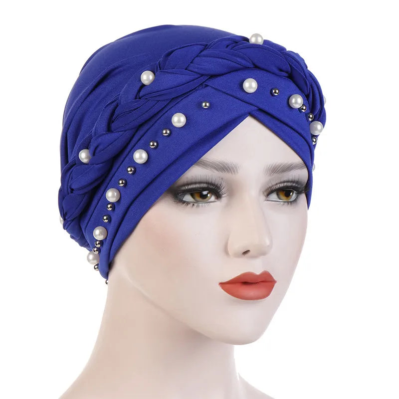 Women’s Cotton Head Scarf – Solid Turban Bonnet Hijab Cap with White Pearl Inner, Muslim Arab Wrap