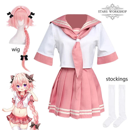Fate Grand Order Astolfo Cosplay Costume – Fate Apocrypha Rider JK Uniform Sailor Suit Skirt for Women, Halloween