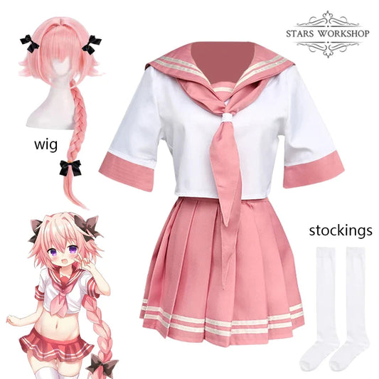 Fate Grand Order Astolfo Cosplay Costume – Fate Apocrypha Rider JK Uniform Sailor Suit Skirt for Women, Halloween
