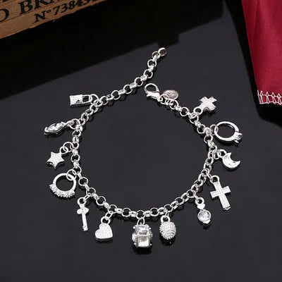 925 Sterling Silver 13-Piece Charm Bracelet – Fashion Pendant Chain Jewelry for Women & Teens