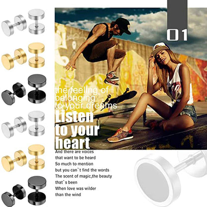 2-Piece Punk Stainless Steel Dumbbell Stud Earrings — Gothic Hip Hop Rock Style, Hypoallergenic Unisex Earrings for Men & Women