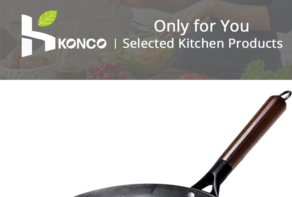 Hand Forged Household Iron Wok, Pure Iron Pan with Wooden Handle, Non-Coating, Non-Stick, for Gas Cooker