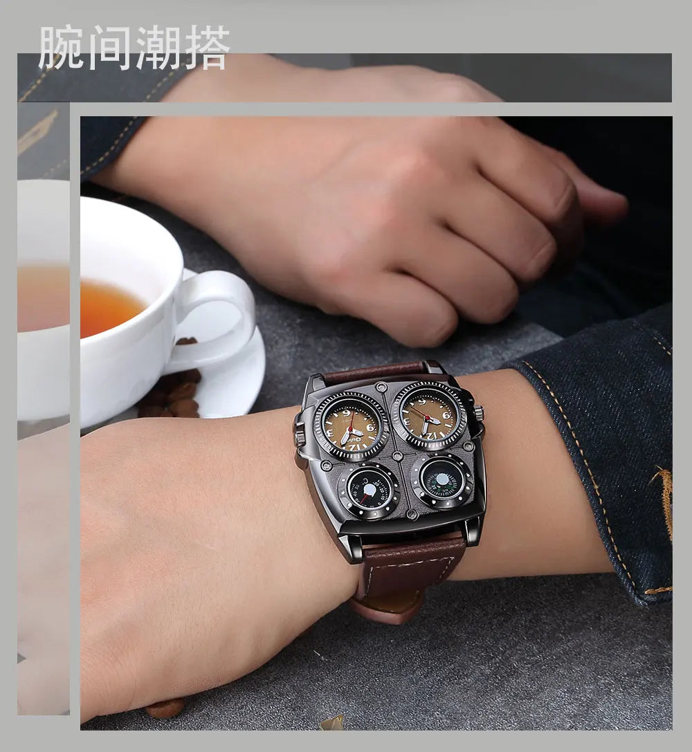 Oulm Men’s Two Time Zone Army Pilot Watch — Large Military Quartz Leather Strap Wristwatch