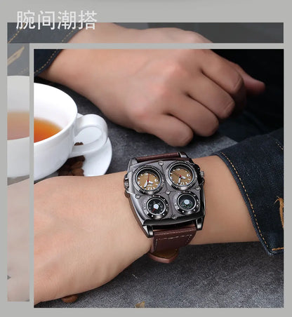 Oulm Men’s Two Time Zone Army Pilot Watch — Large Military Quartz Leather Strap Wristwatch