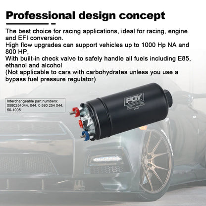 PQY EFI 380LH 1000HP External Fuel Pump – E85 Compatible, Top Quality 044 Style, Model PQY-FPB003-QY