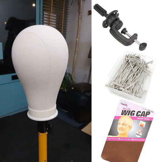 Canvas Wig Head Stand – 21-24 Inch Mannequin for Hairstyling, Wig Display & Making with Support Holder