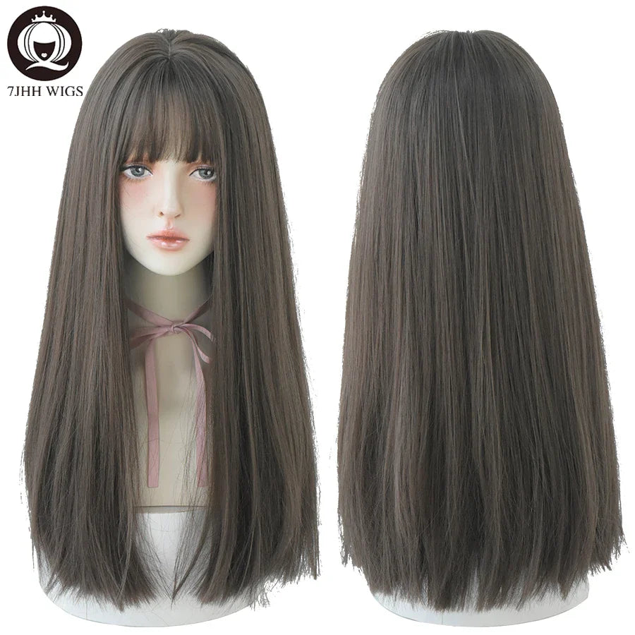 7JHHWIGS Long Straight Light Brown Synthetic Wig with Bangs – Heat-Resistant Daily Wear Wig for Women