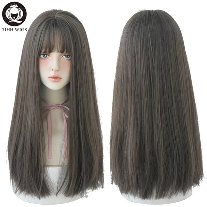7JHHWIGS Long Straight Light Brown Synthetic Wig with Bangs – Heat-Resistant Daily Wear Wig for Women