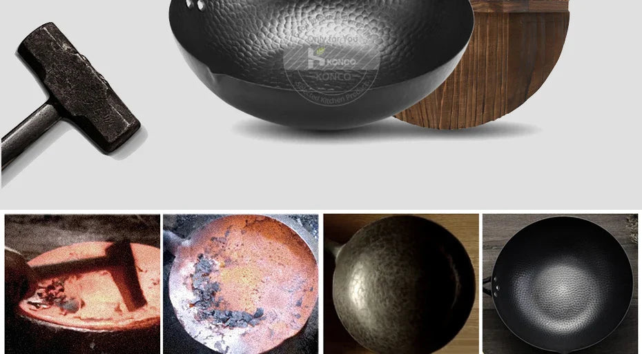 Konco 32cm Cast Iron Wok – Non-Coated Chinese Cookware Pan for Gas & Induction Kitchen Use