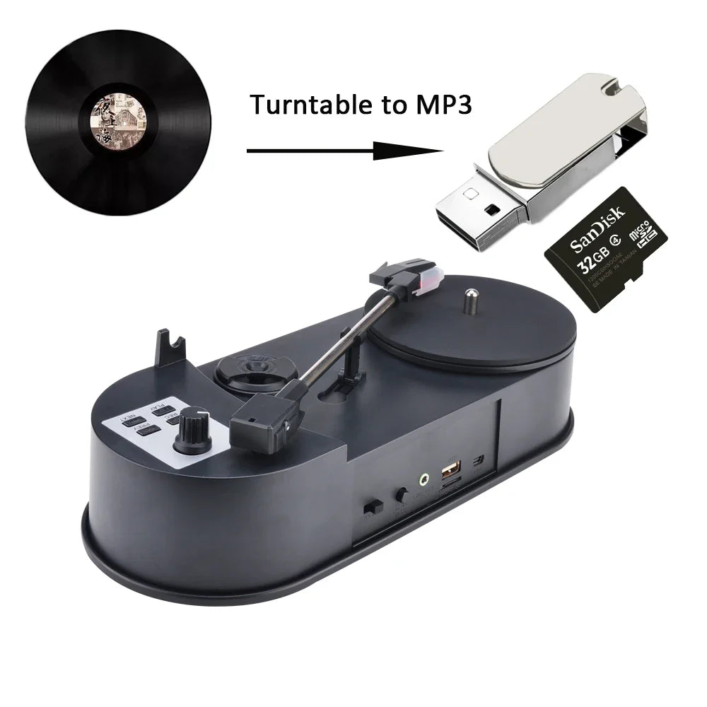 Portable 33/45RPM Phonograph Turntable — Vinyl to MP3 Converter with TF Card/USB & Built-in Speaker