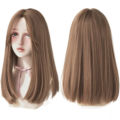 7JHHWIGS Long Straight Light Brown Synthetic Wig with Bangs – Heat-Resistant Daily Wear Wig for Women