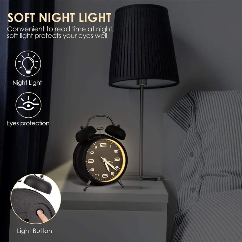 4 Inch Twin Bell Metal Alarm Clock – Loud Mechanical Desk Clock with Backlight 3D Dial, Battery Operated for Home & Office Use