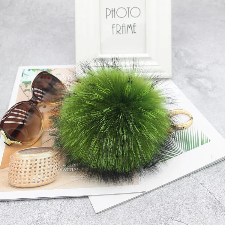 Luxury 15cm Fluffy Real Raccoon Fur Pom Pom Keychain – High-Quality Metal Ring Pendant for Women