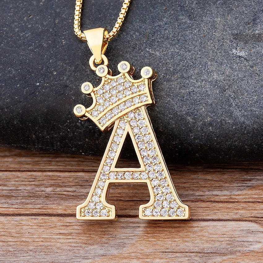 Nidin Luxury A-Z Crown Alphabet Pendant – Copper Zircon Initial Necklace Chain, Hip-Hop Style Jewelry for Men & Women