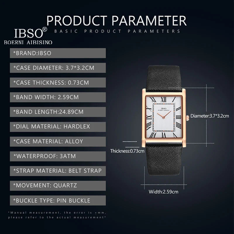 IBSO Ultra-Thin Rectangle Dial Men's Quartz Watch – Luxury Business Style, Genuine Leather Strap, Waterproof
