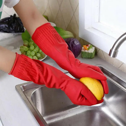 Red Waterproof Rubber Gloves - Long Latex Sleeve for Dish Washing and Kitchen Cleaning
