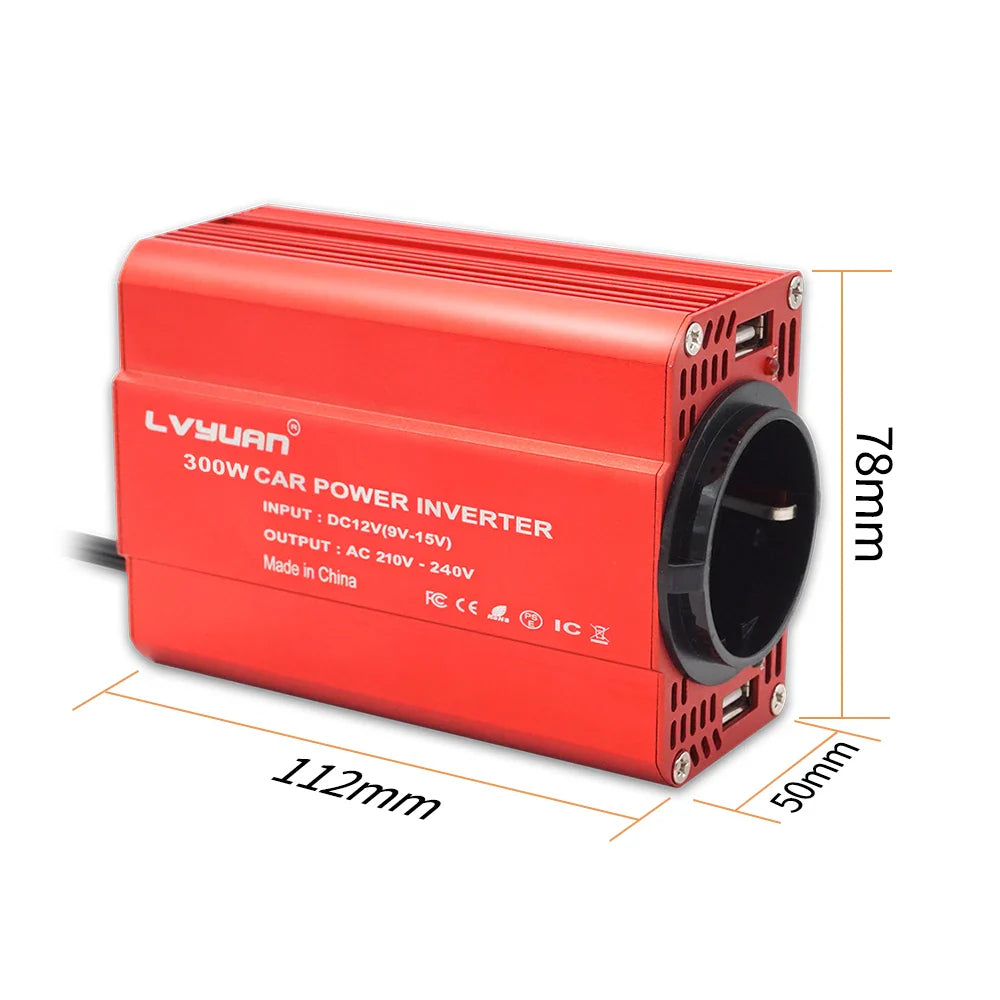 300W Car Power Inverter - DC 12V to AC 110V/220V Dual USB Adapter Converter with Modified Sine Wave, EU & US Sockets