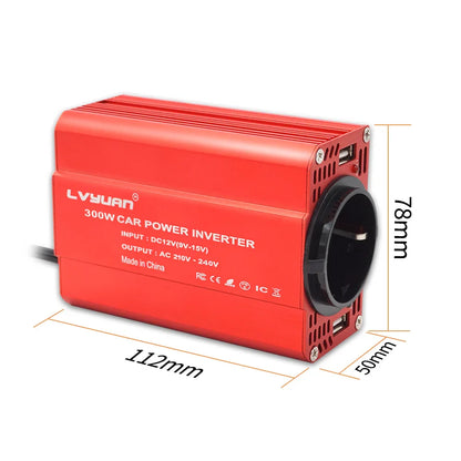 300W Car Power Inverter - DC 12V to AC 110V/220V Dual USB Adapter Converter with Modified Sine Wave, EU & US Sockets