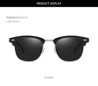 Classic Half Frame Polarized Sunglasses – Retro Rivet Design for Men & Women, Anti-Glare Black Travelling Shades