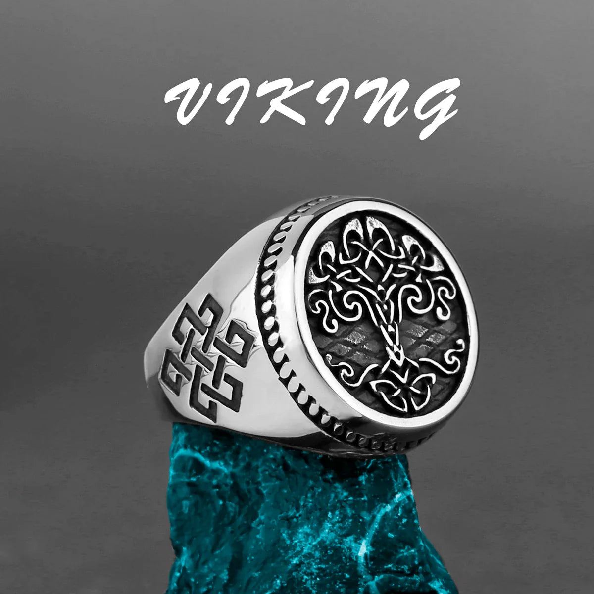 Nordic Viking Stainless Steel Ring - Compass Tree of Life Rune Wolf Amulet Jewelry for Men & Women
